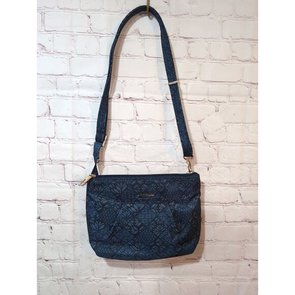 Travelon Anti-Theft Classic North South Crossbody Blue Floral Gold Hardware - Picture 11 of 14